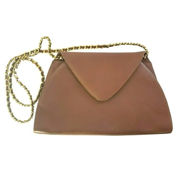 Vintage INC Purse Chain Link Strap Genuine Leather Uruguay Bag Tan Brown Camel - Picture 1 of 9